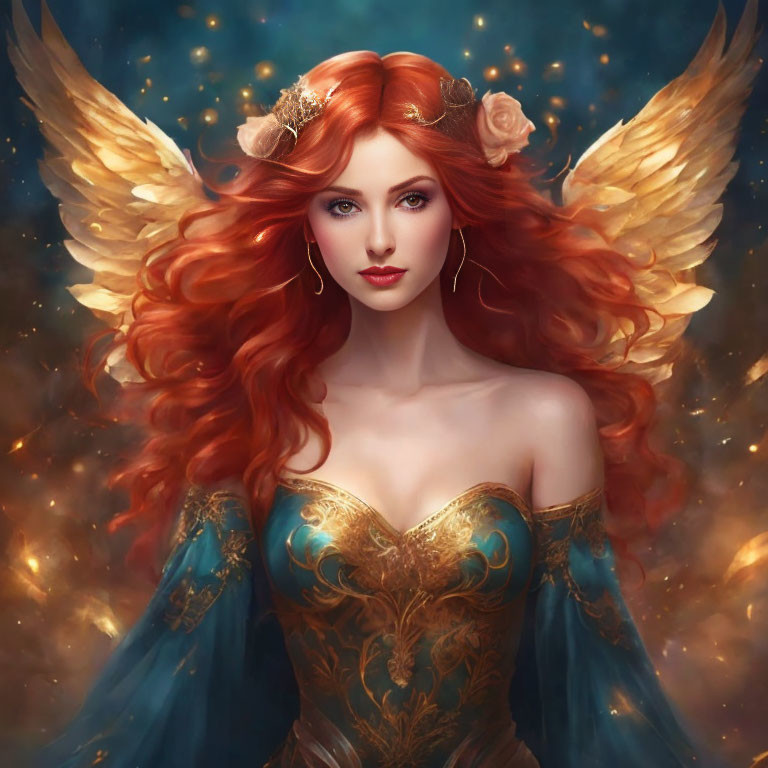 Mythic female figure with red hair and golden wings in blue dress