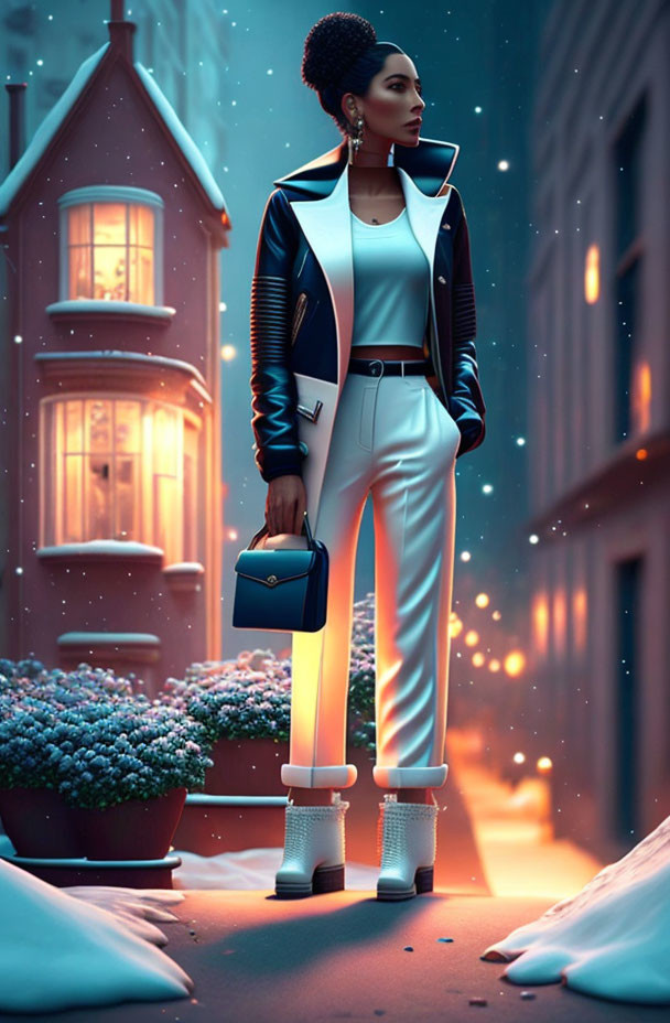 Elegant woman in white attire on snow-lined street at dusk