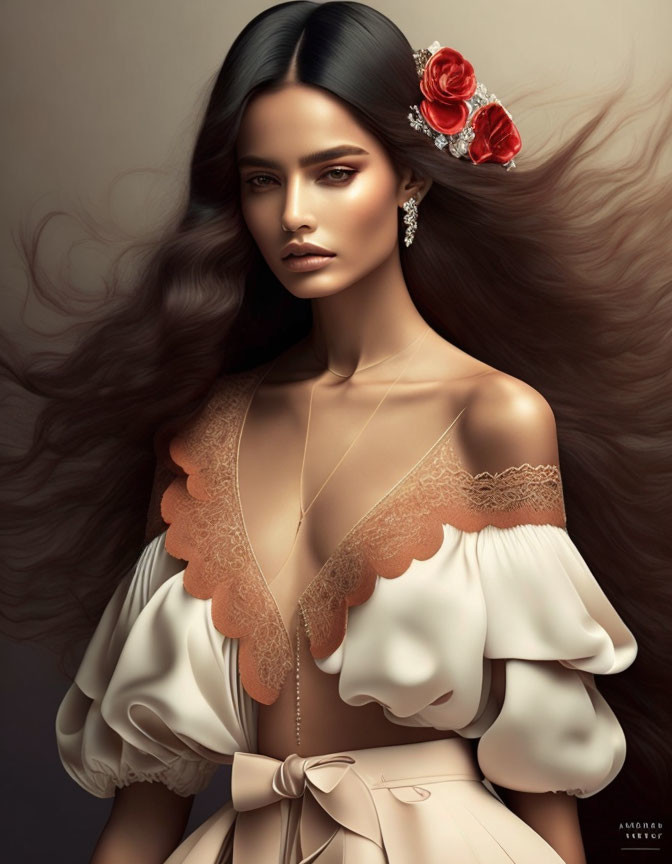 Digital artwork: Woman with flowing hair, white blouse, lace details, rose headpiece, delicate necklace