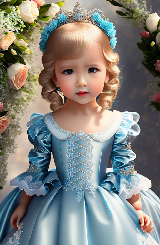 Realistic young girl digital art in blue vintage dress with lace details