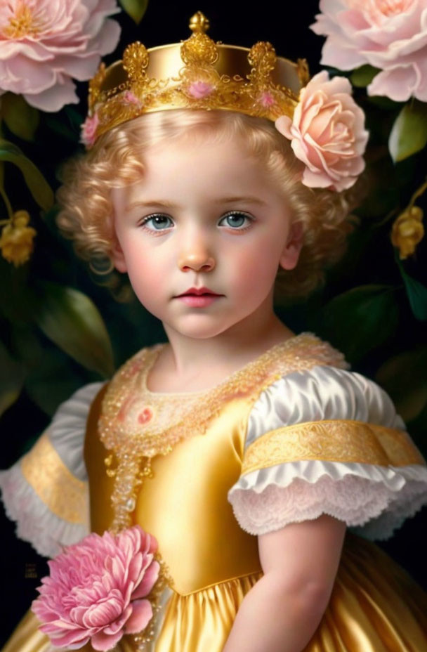 Young child with curly blonde hair in golden crown and yellow dress amid pink roses