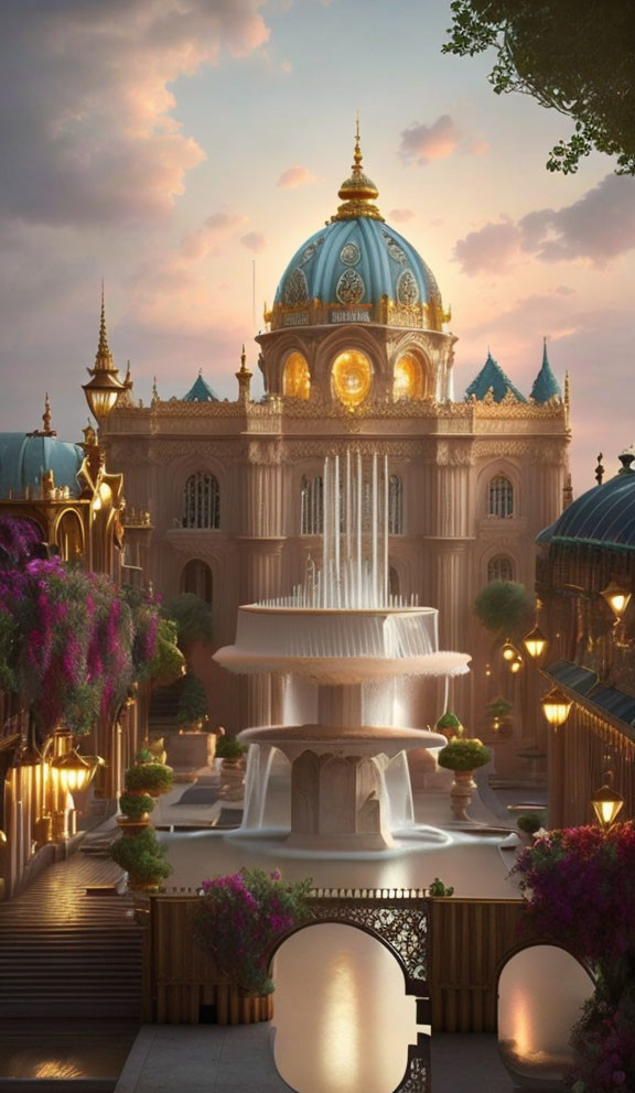 Ornate palace with blue dome and golden accents amidst lush foliage and a tiered fountain at twilight