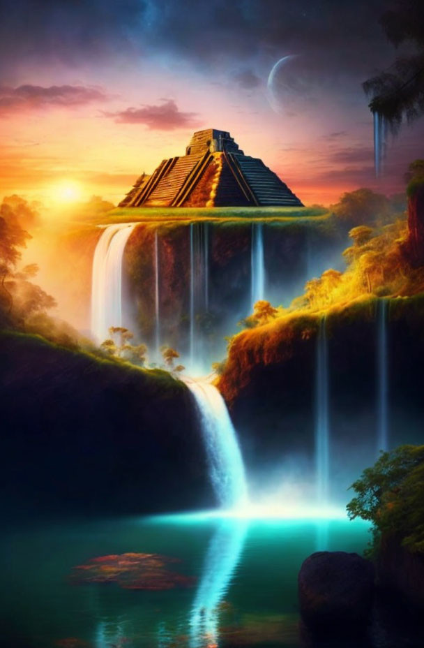 Ancient pyramid on cliff with waterfalls, luminous water, twilight sky, stars, planets