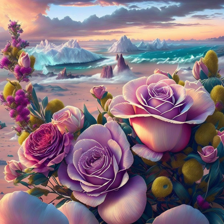 Surreal landscape with purple flowers, ice-covered mountains, and ocean waves