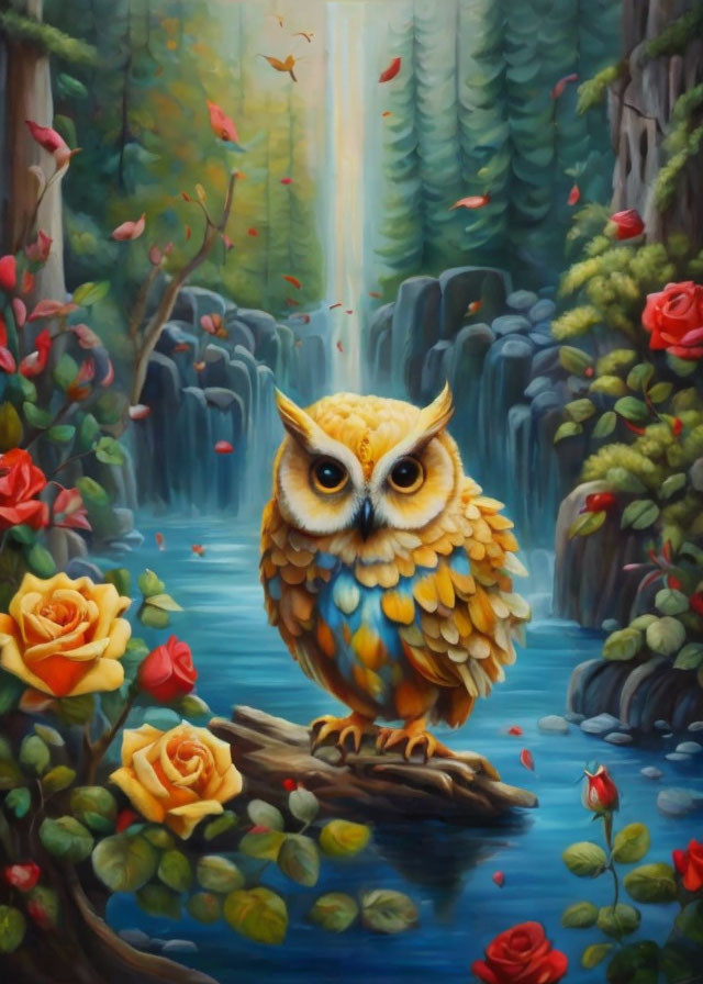 Owl perched on branch in lush forest with river and roses