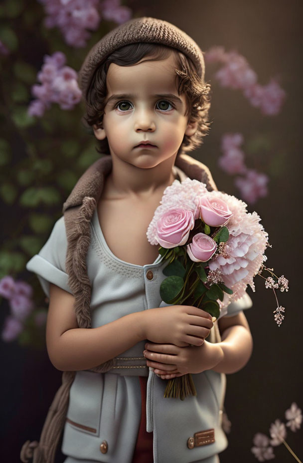 Curly-Haired Child in Hat and Coat with Pink Flower Bouquet