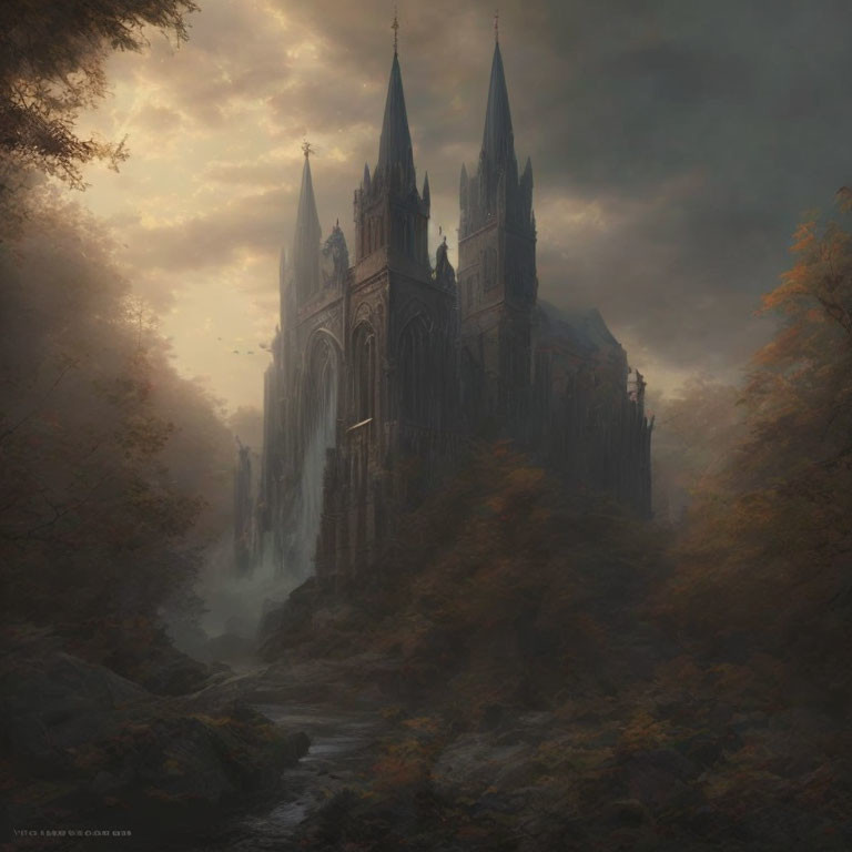 Gothic Cathedral in Autumn Forest with Misty Stream