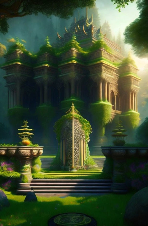 Ethereal ancient temple in lush green forest