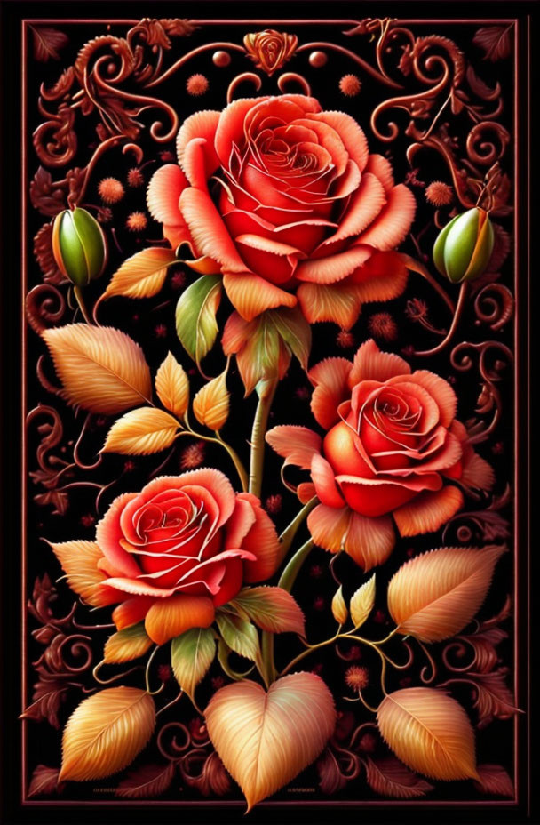 Vibrant red and orange roses with green leaves on dark background