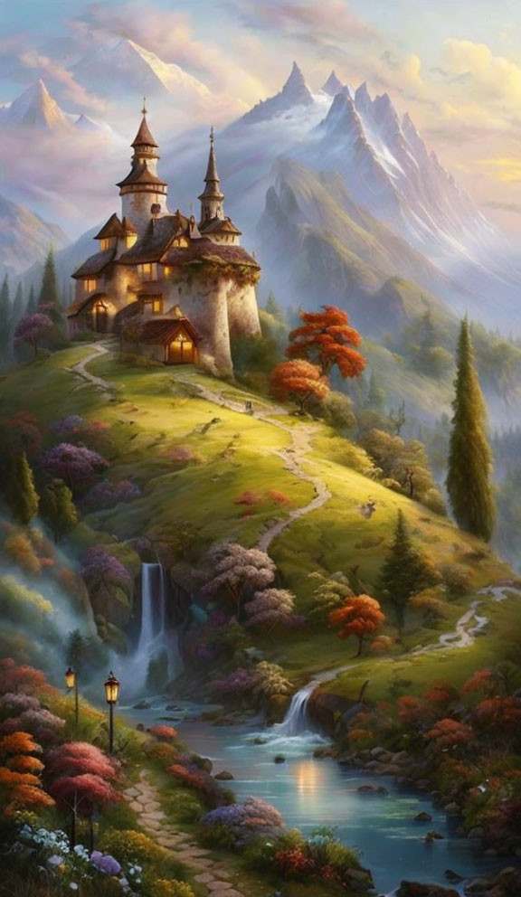 Enchanting castle in vibrant landscape with waterfall, stream, lush trees, and mountain at twilight