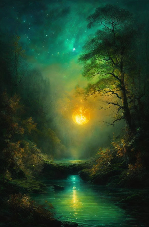 Enchanting forest scene with glowing orb over serene river