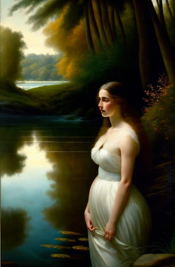 Tranquil forest scene: woman in white dress by river at dusk