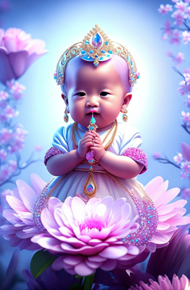 Smiling baby in royal attire on pink lotus with blossoms