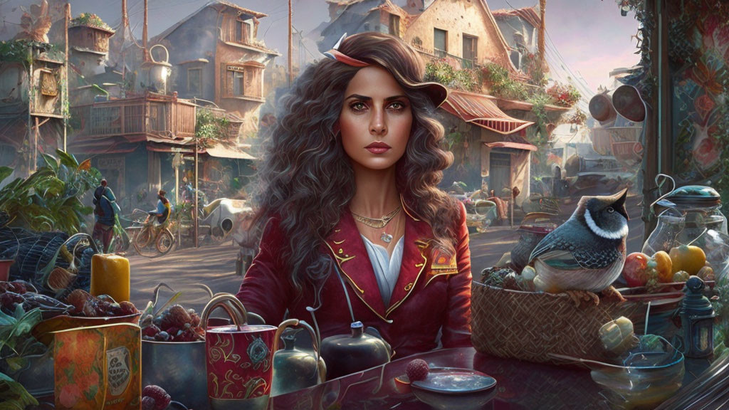 Woman in red jacket with striking eyes at market stand with owl and fruit