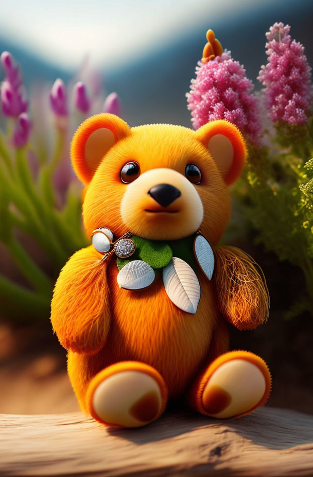 Fluffy orange teddy bear with crystal in nature setting