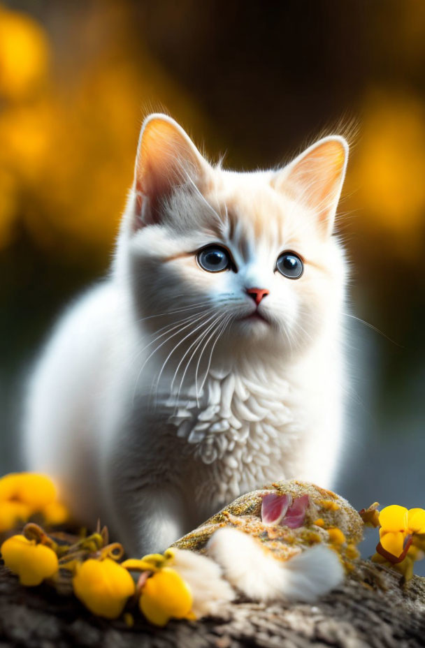 White Kitten with Blue Eyes Surrounded by Yellow Flowers on Wooden Surface