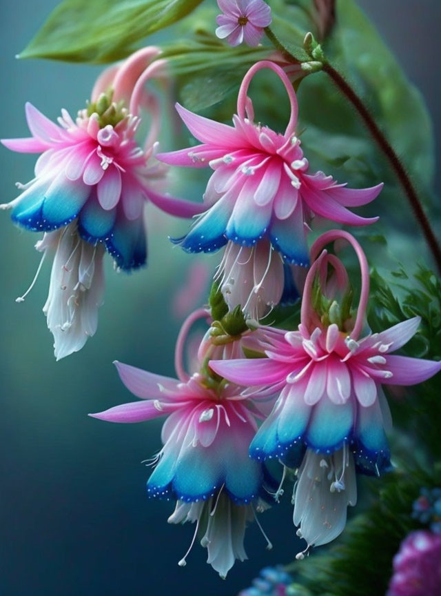 Cluster of Fuchsia Flowers with Pink and Blue Petals and Dew Droplets