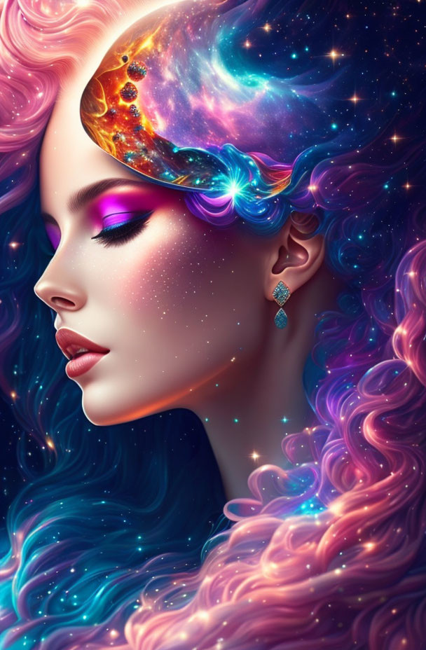 Cosmic-themed digital artwork of a woman with vibrant galaxy hair and starry earring