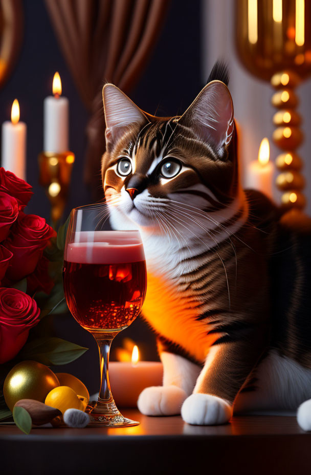 Striped cat with wine glass, candles, roses, and kumquats on dark backdrop