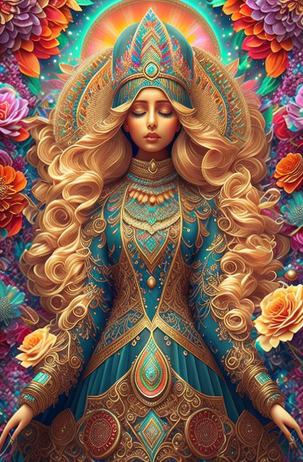 Vibrant digital artwork of woman with blonde hair in turquoise and gold attire among colorful flowers