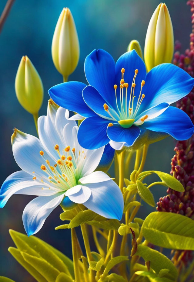 Vibrant Blue Flowers with Yellow Stamens in Green Foliage