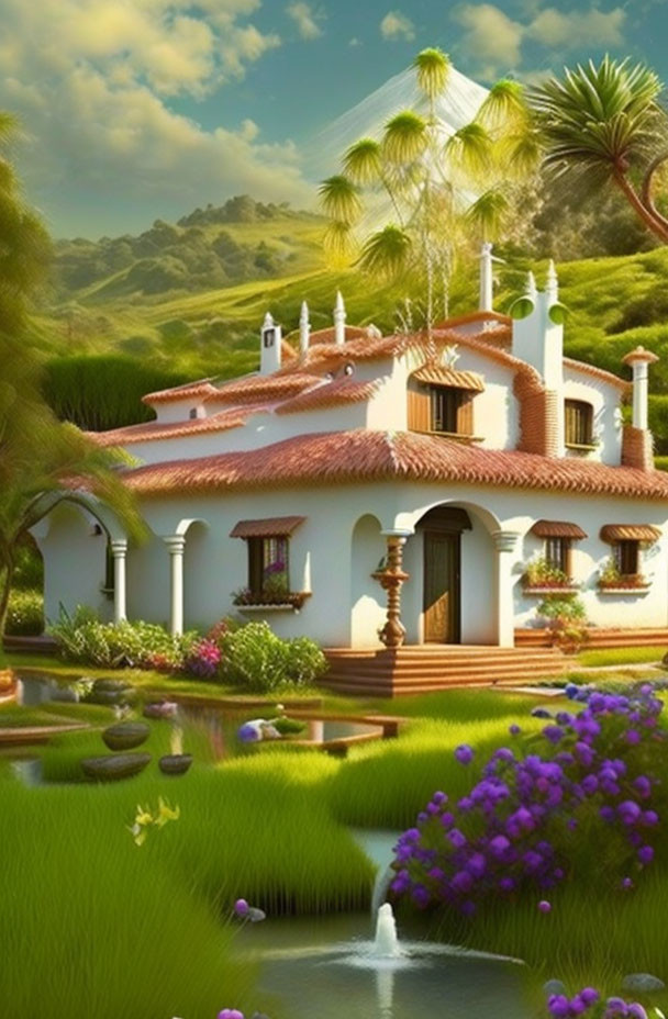 White Villa with Terracotta Roofs, Lush Greenery, Flowers, Palm Trees, and