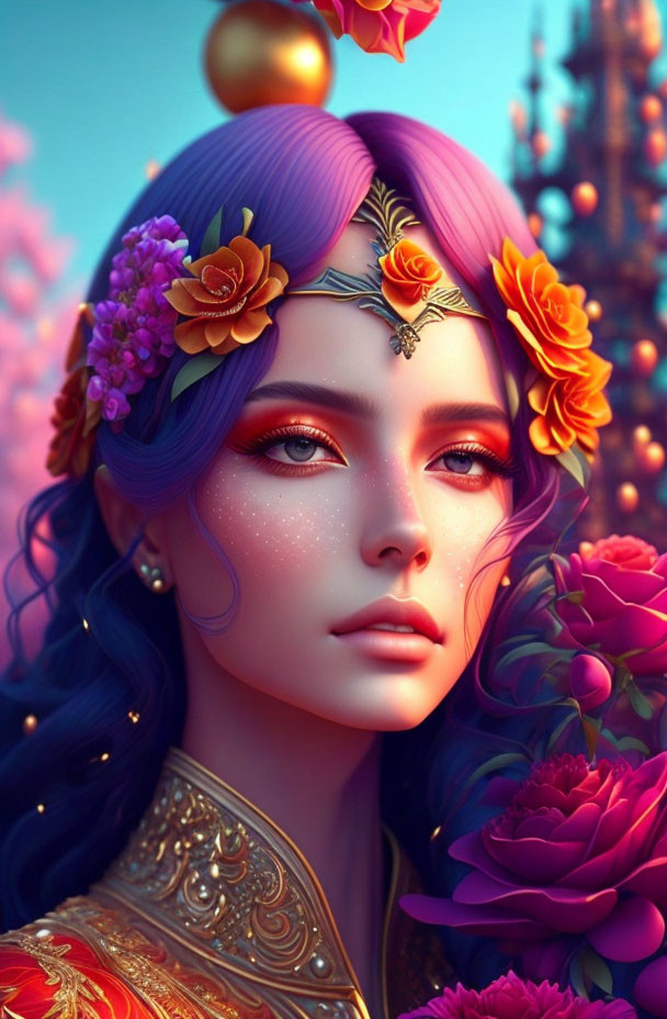 Fantasy-inspired digital artwork: Woman with purple hair, flowers, and jewelry