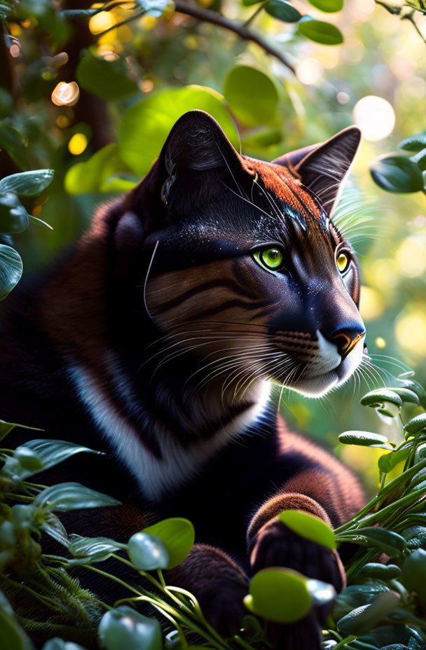 Majestic cat with vivid green eyes in lush greenery