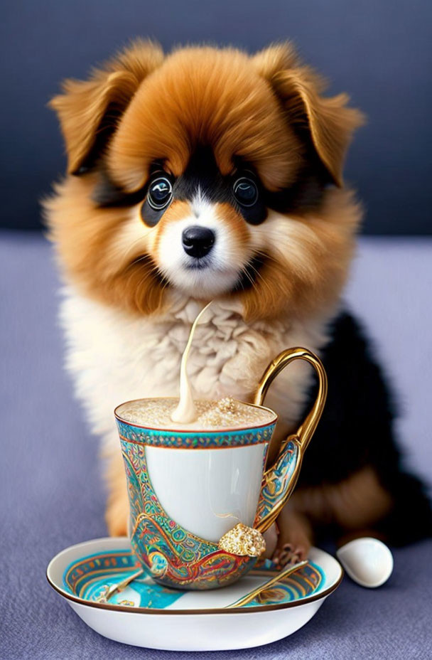 Fluffy Tricolor Puppy with Black Mask and Teacup Scene