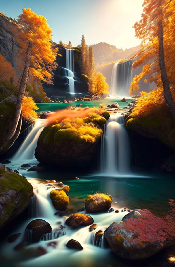 Autumn waterfall surrounded by colorful trees and moss-covered rocks