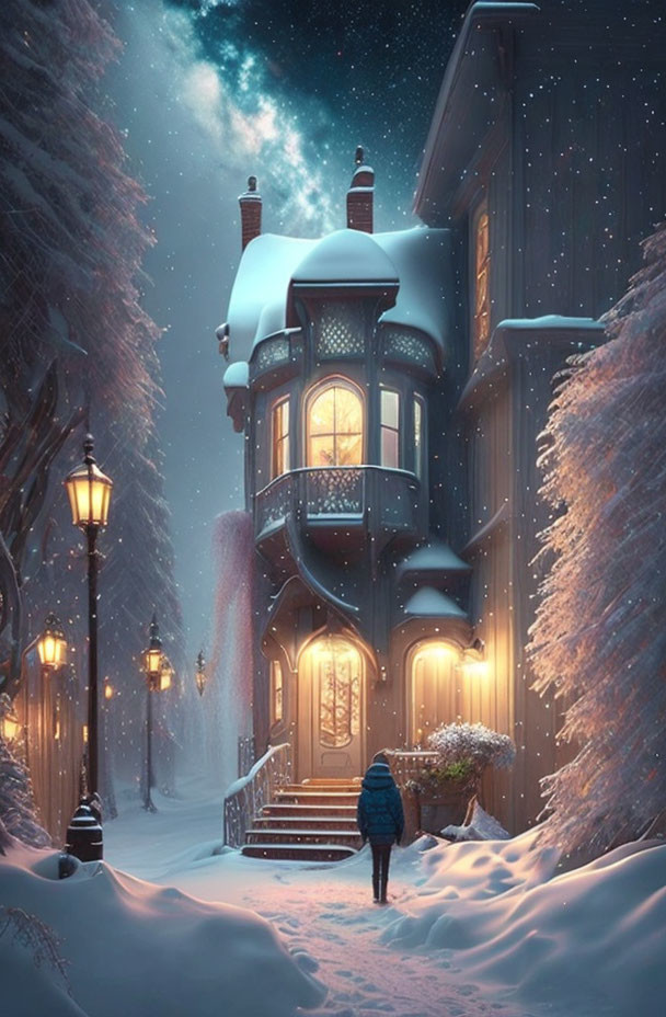 Snow-covered Victorian-style house at twilight with illuminated street lamps