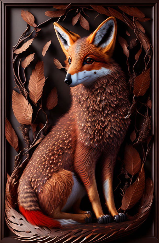 Detailed Red Fox Artwork with Autumn Theme