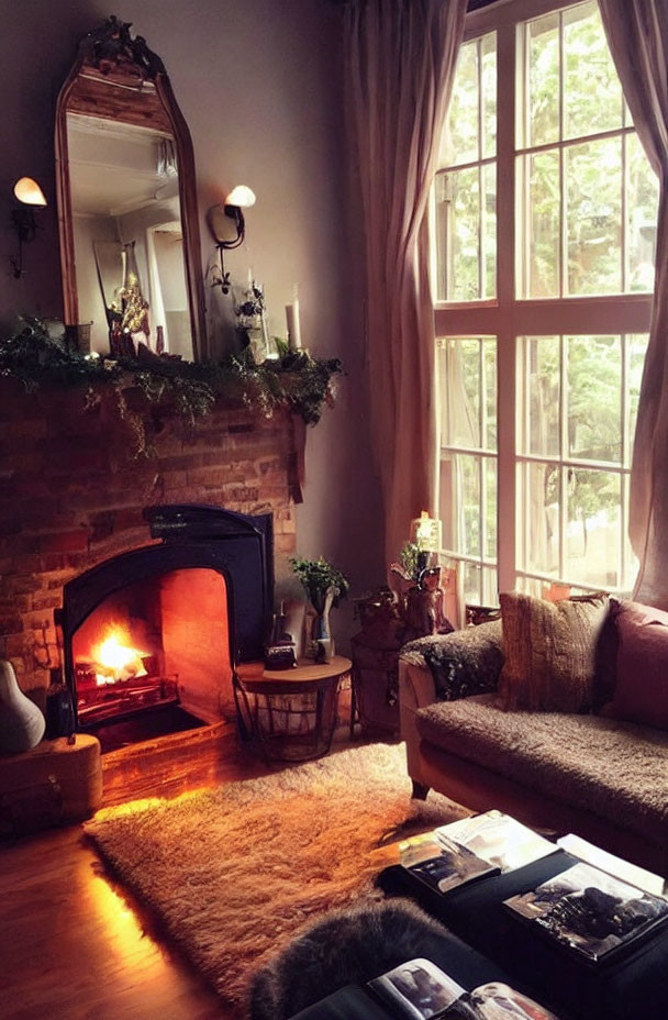 Cozy room with fireplace, exposed brick, large window, mirror, seating & faux fur rug