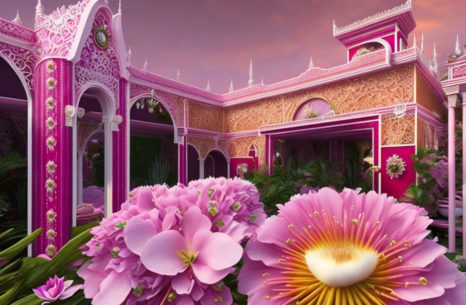 Fantasy palace with pink and gold architecture in lush floral setting