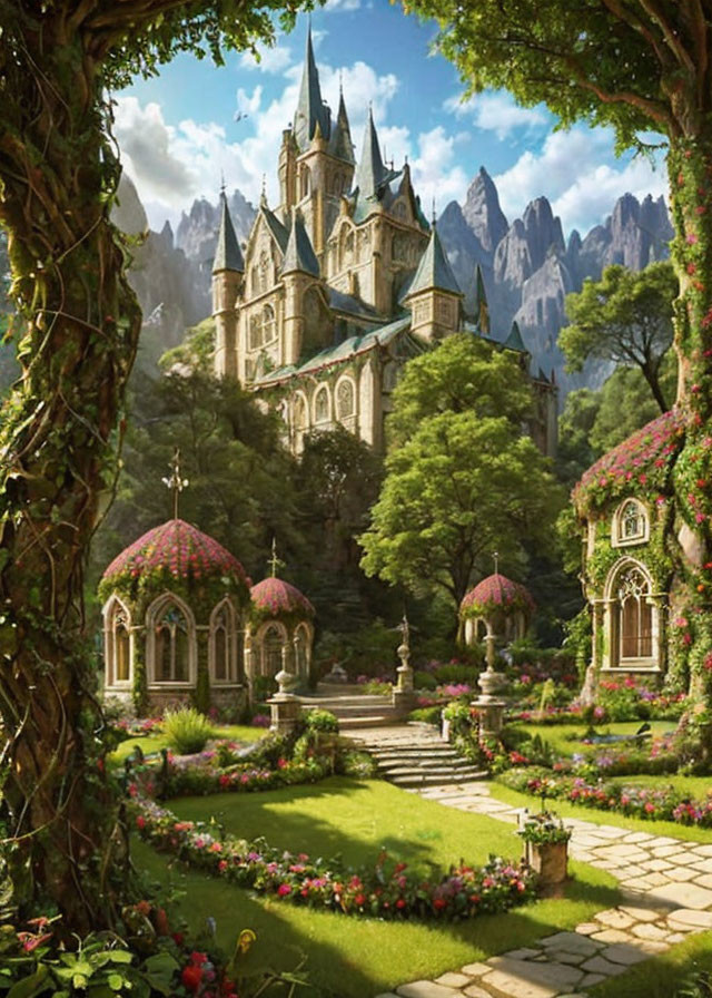 Enchanting fairytale castle surrounded by greenery and mountains