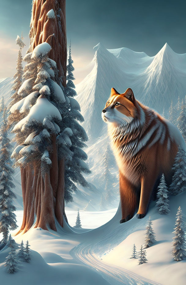 Orange fox in snowy landscape with pine trees and mountains