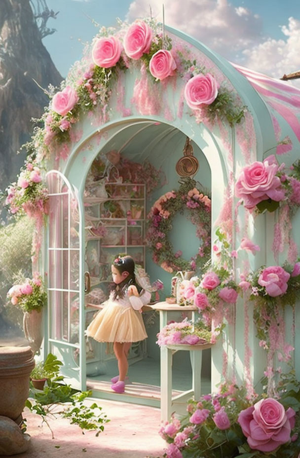 Young girl in tutu explores whimsical flower garden house