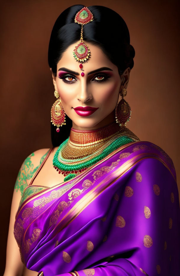 Illustration of woman in traditional Indian attire with dark hair and jewelry