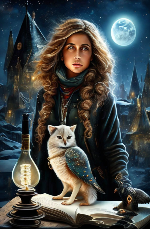 Curly-haired woman with white fox and black squirrel by moonlit castle with potion bottle and open book