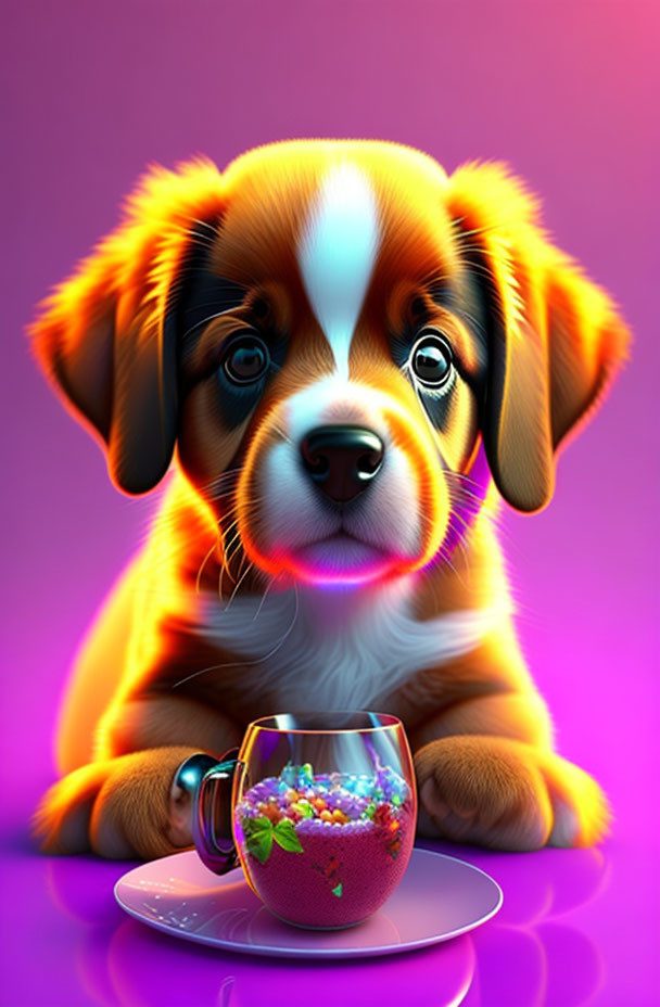 Stylized puppy with bubble tea on purple background