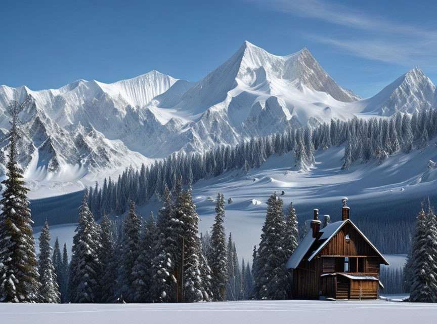 Snowy Wooden Cabin Surrounded by Pine Trees and Mountains