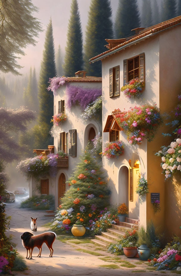 Tranquil street scene with dog in front of charming house surrounded by lush flowers and trees