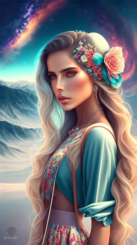 Digital artwork: Woman with blonde hair and flowers, mountains, starry sky