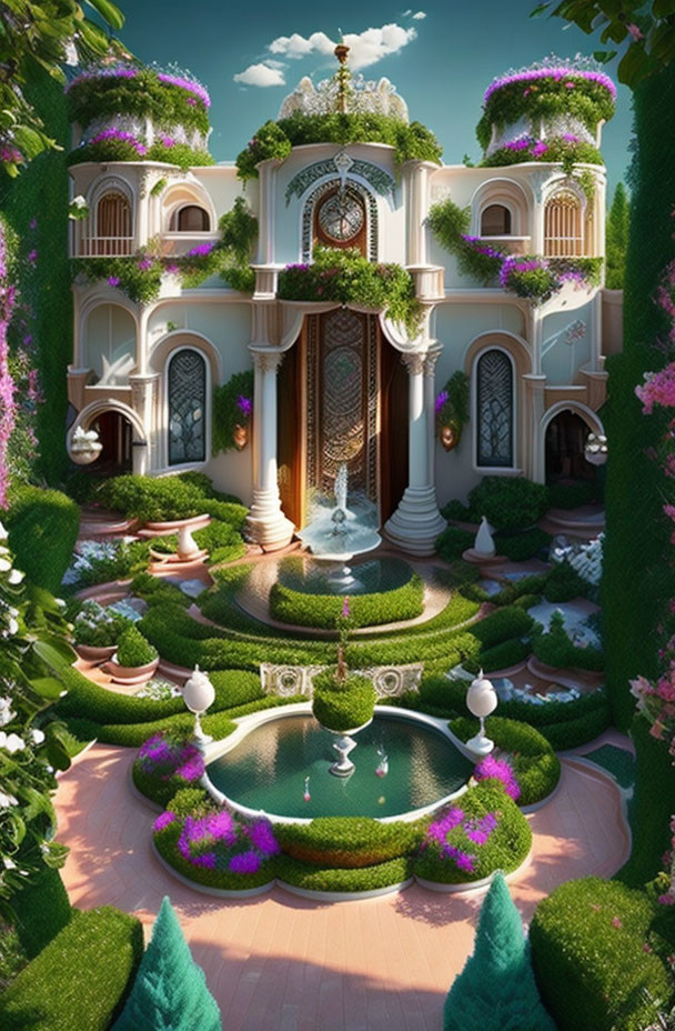 Lush garden with topiaries, fountains, pastel villa, greenery, and flowers