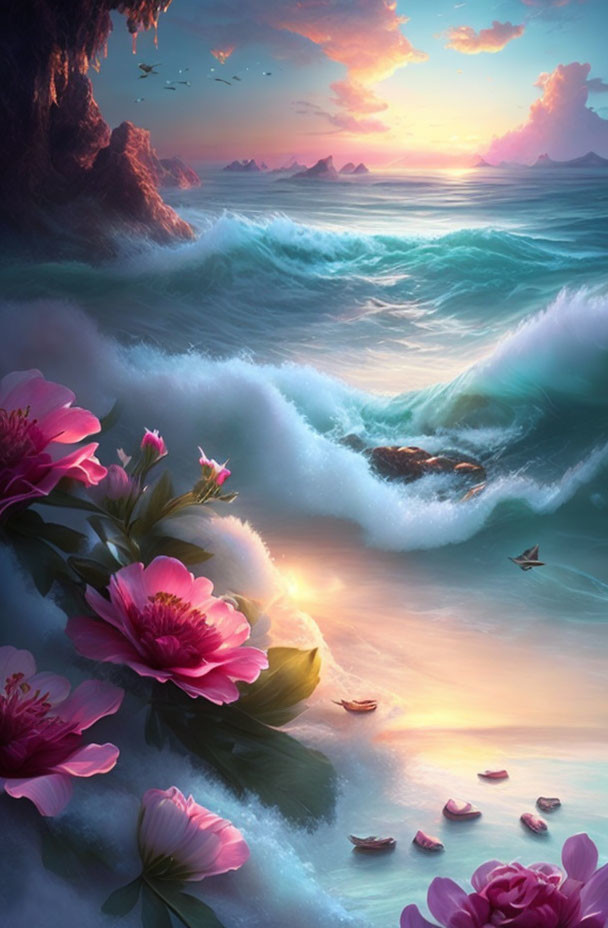 Tranquil seascape at dusk with pink flowers, waves, rocks, mountains, and pastel