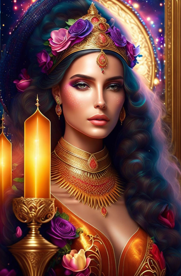 Digital artwork of woman with long hair, golden crown, candles, cosmic backdrop