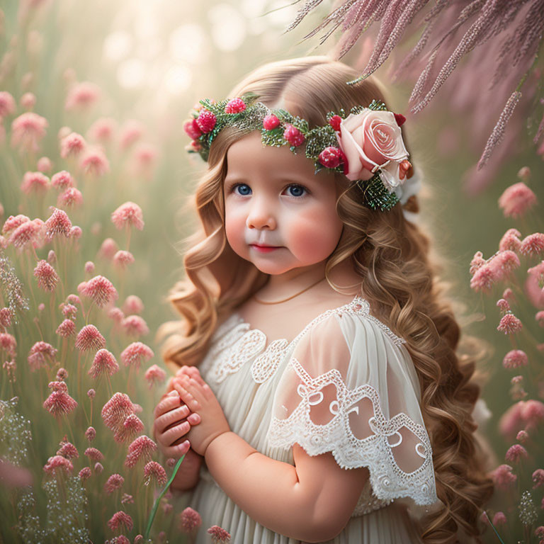 Blond girl in floral crown and white dress among pink flowers