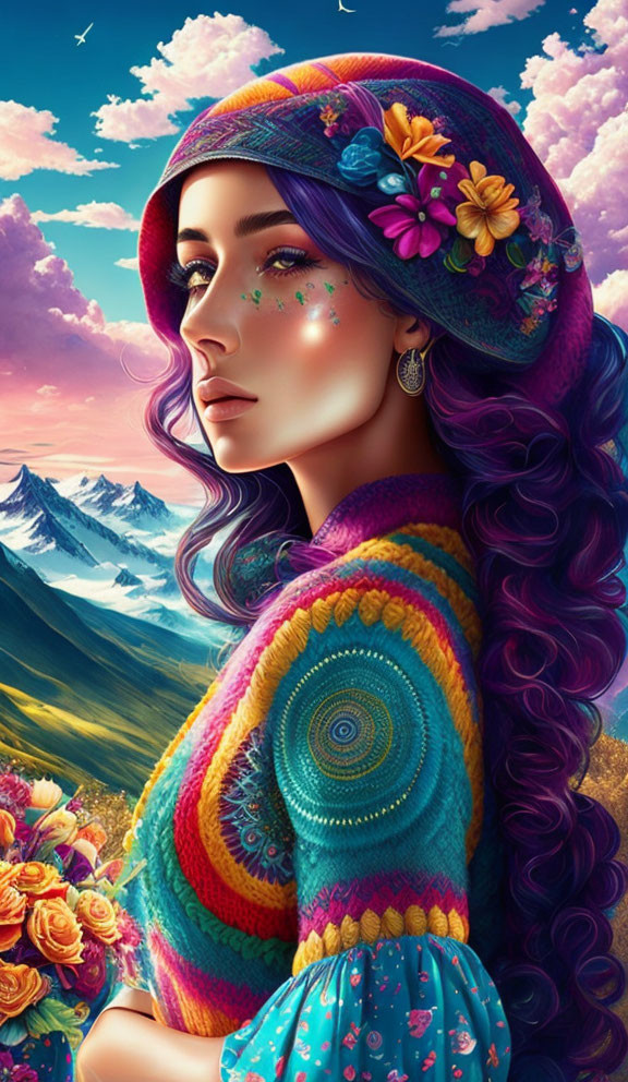 Colorful digital artwork: Woman with purple hair and floral shawl against mountain sunset.