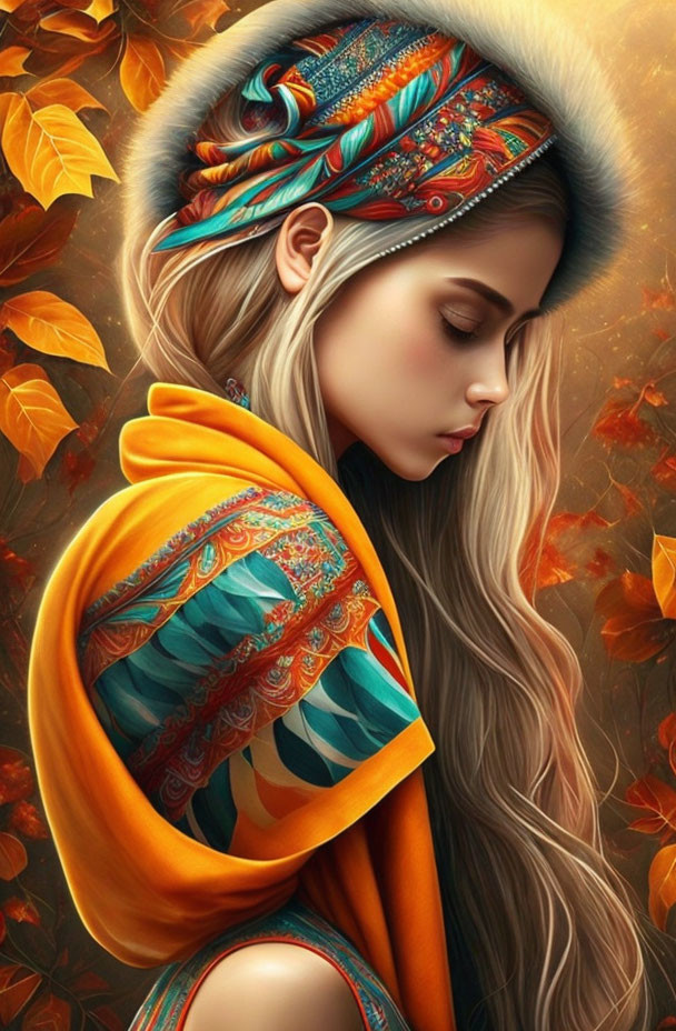 Blonde woman in headscarf and orange shawl among autumn leaves