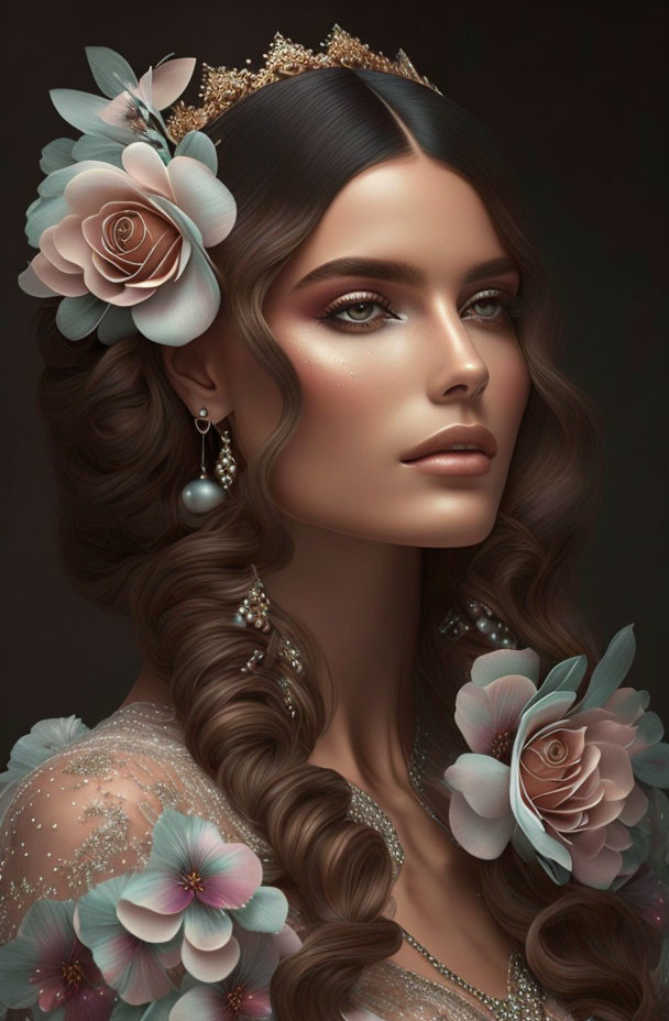 Digital illustration: Woman with floral crown, tiara, styled hair, subtle makeup, embellished garment